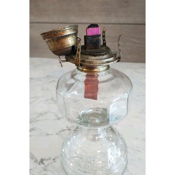 Vintage Clear Glass Wedding Scroll Base Oil Lamp Paneled Font White Flame Light - Picture 12 of 13